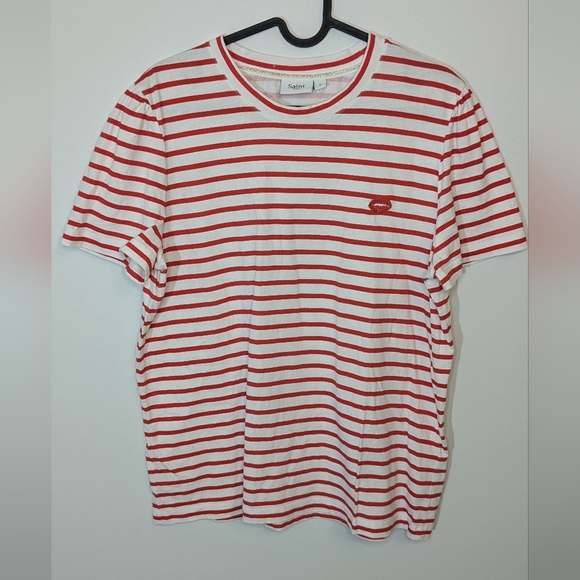 St. Tropez Tops - St. Tropez Embroidered Graphic Tshirt - Red white striped - Size L